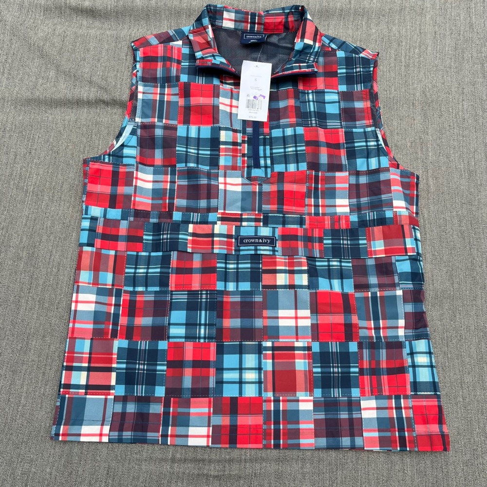 Crown & Ivy Mens Patchwork Plaid Golf Vest Red Blue Quarter Zip Small NWT